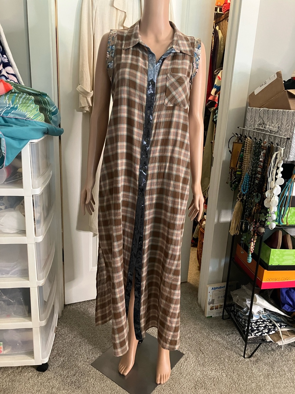 ODDY Brown Plaid Sleeveless Maxi Shirt Dress with Blue Trim